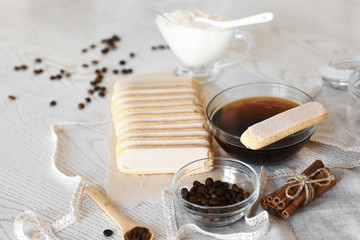 Italian dessert Tiramisu: mascarpone cheese, savoiardi, coffee, on light grey background. Copy space. Top flat view, from above