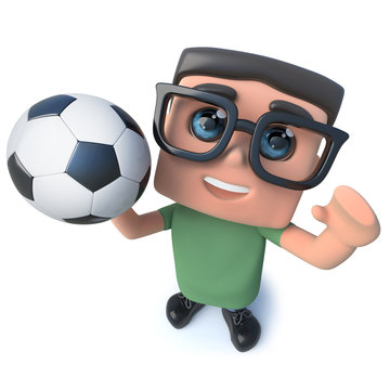3d Funny cartoon computer nerd character holding a soccer football