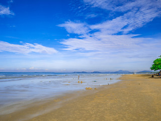 Amazing Idyllic ocean Blue sky and beautiful sand on the beach in vacation time,Holiday on the beach,Summer concept.Thailand.
