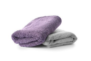 Fototapeta na wymiar Folded clean towels on white background
