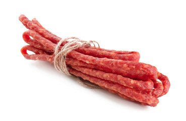 Smoked hunter's sausages on white background