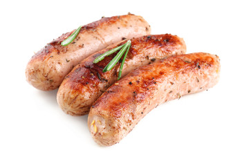 Fried sausages with rosemary on white background