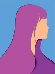 Vector portrait of young beautiful woman with long hair. Modern digital paper layered art. Origami style. Beauty and fashion concept.paper cut 3d vector eps10