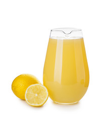 Glass jug of fresh lemon juice on white background