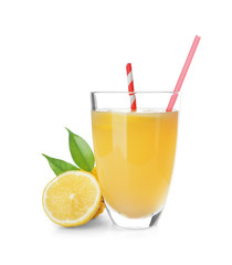 Glass of fresh lemon juice on white background