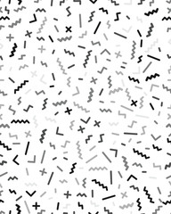 Abstract geometric background, memphis style, seamless vector pattern of different line