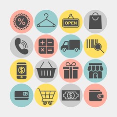 Shopping flat vector icons set. Shopping spree flat vector icons set. In a store flat vector icons set