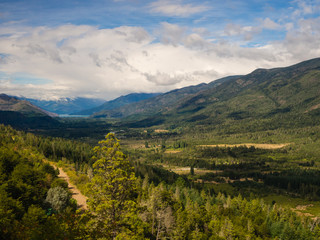 Landscape of Blue river, valley and forest in El Bolson, argentinian Patagonia