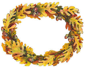 Autumn wreath with oak leaves and acorns. Watercolor on white background.