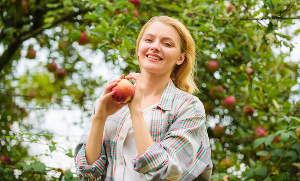 Farmer pretty blonde with appetite red apple. Local crops concept. Woman hold apple garden background. Farm produce organic natural product. Girl rustic style gather harvest garden autumn day