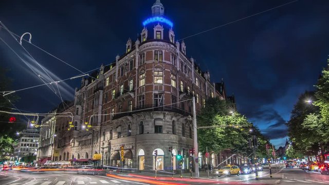 Stockholm city center at night Time Lapse Tilt. City street and old building in Stockholm &Ouml;stermalm downtown, Sweden