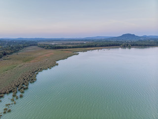 Evening aerial drone picture from a lake Balaton of Hungary