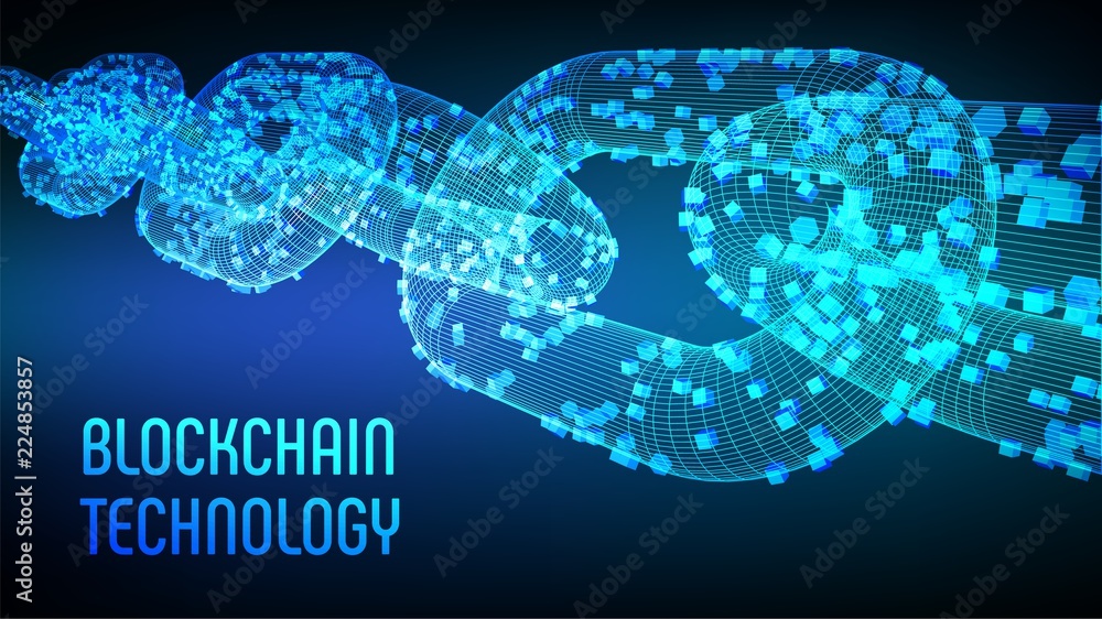 Poster block chain. crypto currency. blockchain concept. 3d wireframe chain with digital blocks. editable c