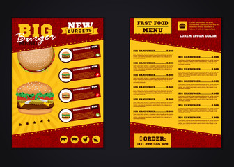 Fast food menu brochure design vector template in A4 size. flyer, baner and Layout Design. food concept.