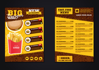 Fast food menu brochure design vector template in A4 size. flyer, baner and Layout Design. food concept.