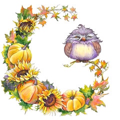Autumn wreath with owl, pumpkins, sunflowers, leaves and branches. Watercolor on white background.