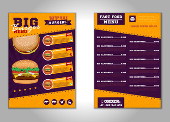 Fast food menu brochure design vector template in A4 size. flyer, baner and Layout Design. food concept.