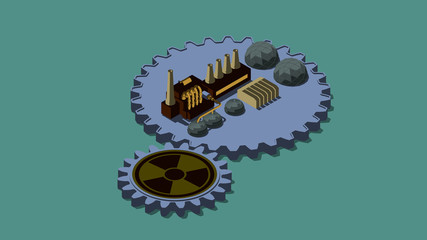 3D illustration of cogs, of the gear with sign of radiation and the plant. The idea of nuclear power development and economic growth. 3D rendering