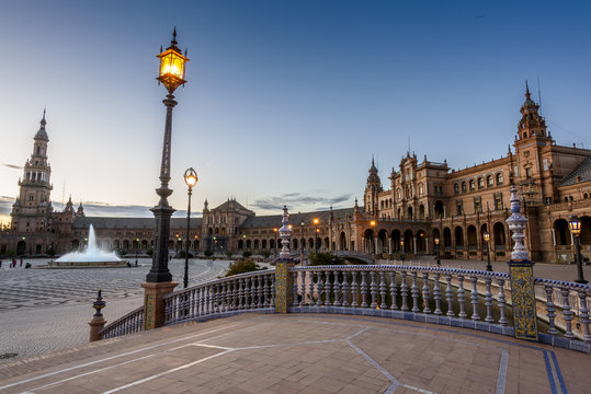 view of the Plaza de España in Seville at night in Andalucia, Spain