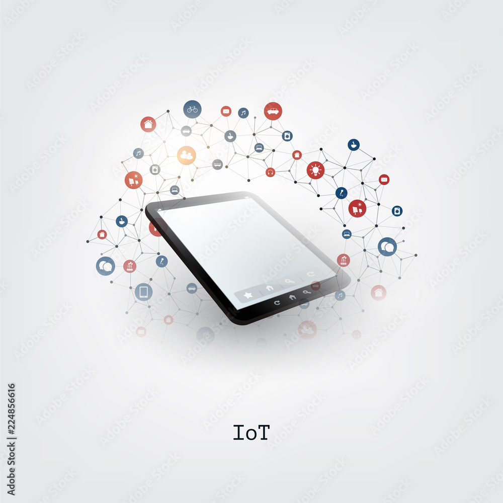 Aufkleber colorful internet of things, cloud computing design concept with tablet pc and icons - digital netwo