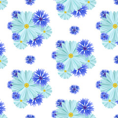Vector  seamless background with light blue daisies and blue cornflowers