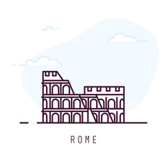 Rome city line style illustration. Colosseum famous landmark in Rome. Architecture city symbol of Italy. Outline building vector illustration. Sky with clouds on background. Travel and tourism banner.