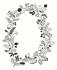 Floral Hand Drawn Vector Frame with Forest Ornament, Berries and Leaves