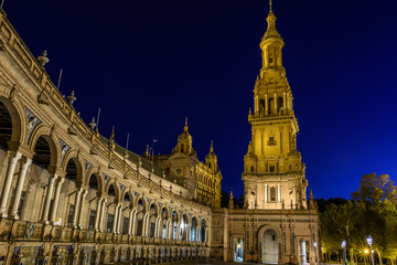 view of the Plaza de España in Seville at night in Andalucia, Spain