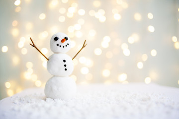 Merry christmas and happy new year greeting card with copy-space.Happy snowman standing in winter...