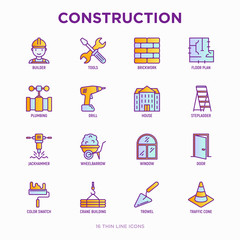 Construction thin line icons set: builder in helmet, work tools, brickwork, floor plan, plumbing, drill, trowel, traffic cone, building, stepladder, jackhammer, wheelbarrow, crane. Vector illustration