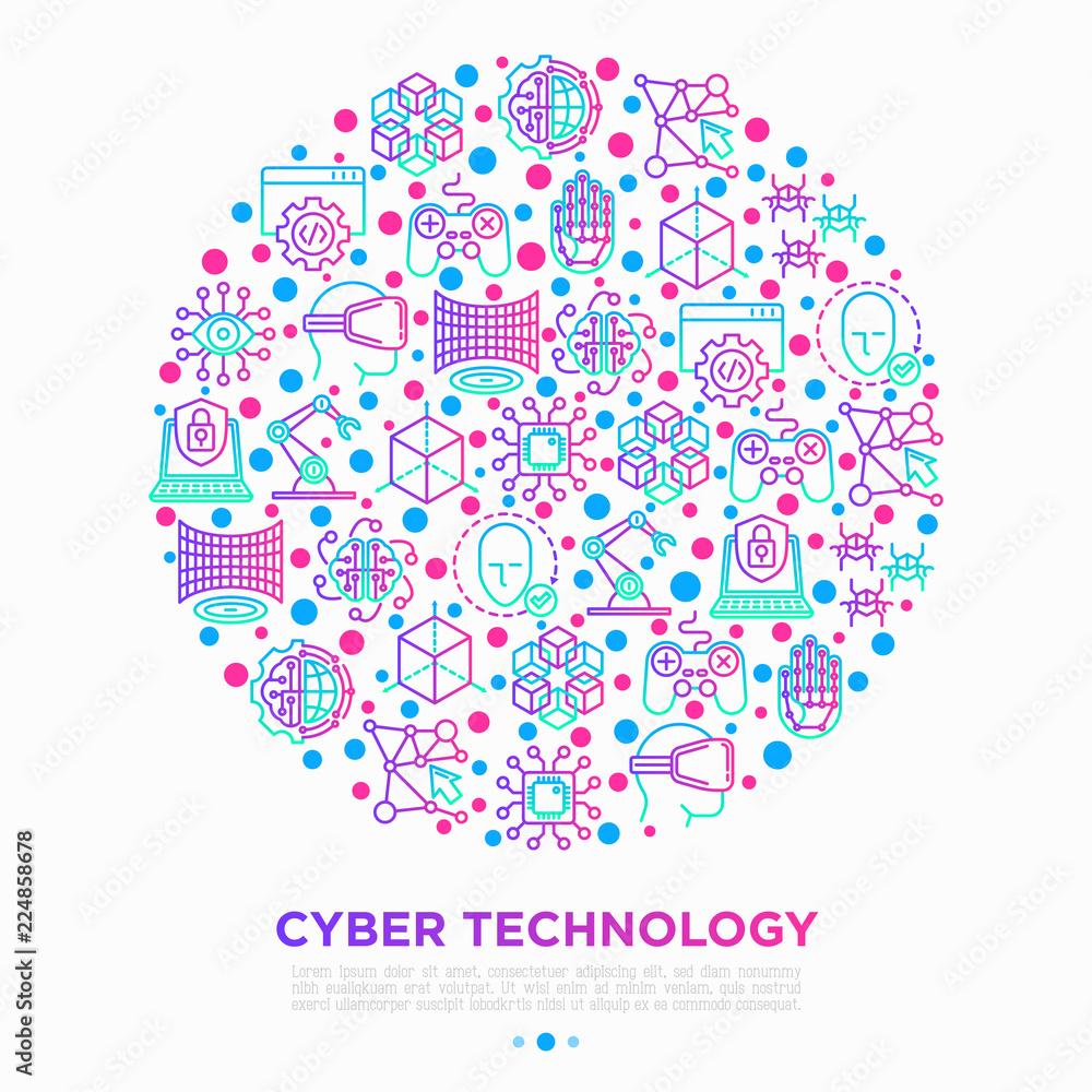 Aufkleber cyber technology concept in circle with thin line icons: ai, virtual reality glasses, bionics, robot