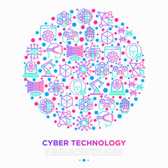 Cyber technology concept in circle with thin line icons: ai, virtual reality glasses, bionics, robotics, global network, computer game, microprocessor, nano robots, blockchain. Vector illustration.