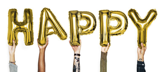 Hands showing happy balloons word