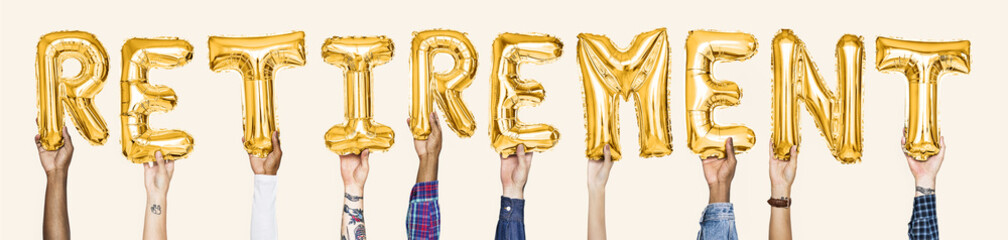 Yellow gold alphabet balloons forming the word retirement