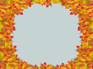 Autumn colorful frame with different leaves on a blue background. Golden autumn.