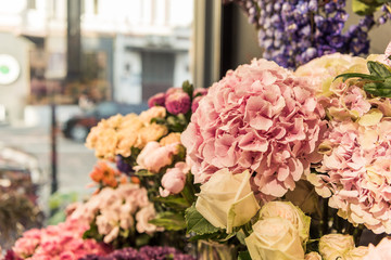 selective focus of beautiful flowers at flower shop
