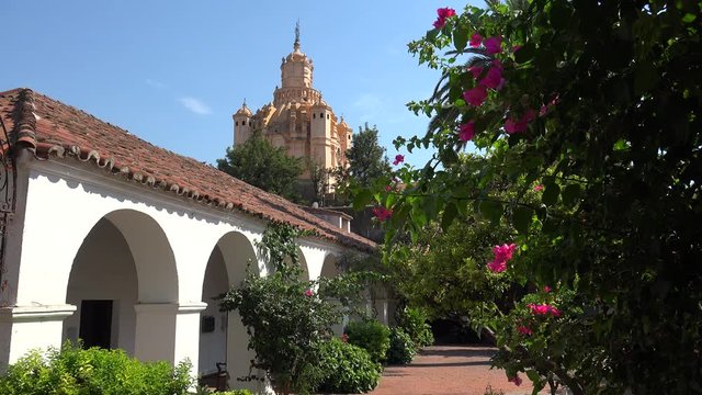 Courtyard of  the Juan de Tejeda religious art museum (formerly Carmelite Monastery) with Cordoba Cathedral  on bkg. Argentina