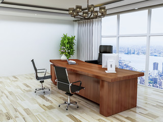 The office of the company's top management, leather sofas, wooden office tables and floor-to-ceiling windows, etc.