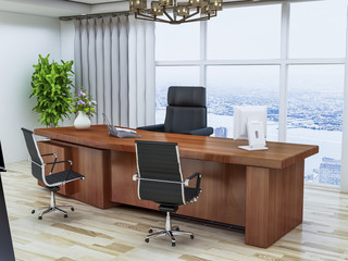 The office of the company's top management, leather sofas, wooden office tables and floor-to-ceiling windows, etc.