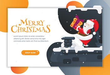 Santa Claus on the roof with a gift. Landing page.