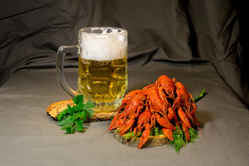 Mug with beer, boiled crawfish and greens.