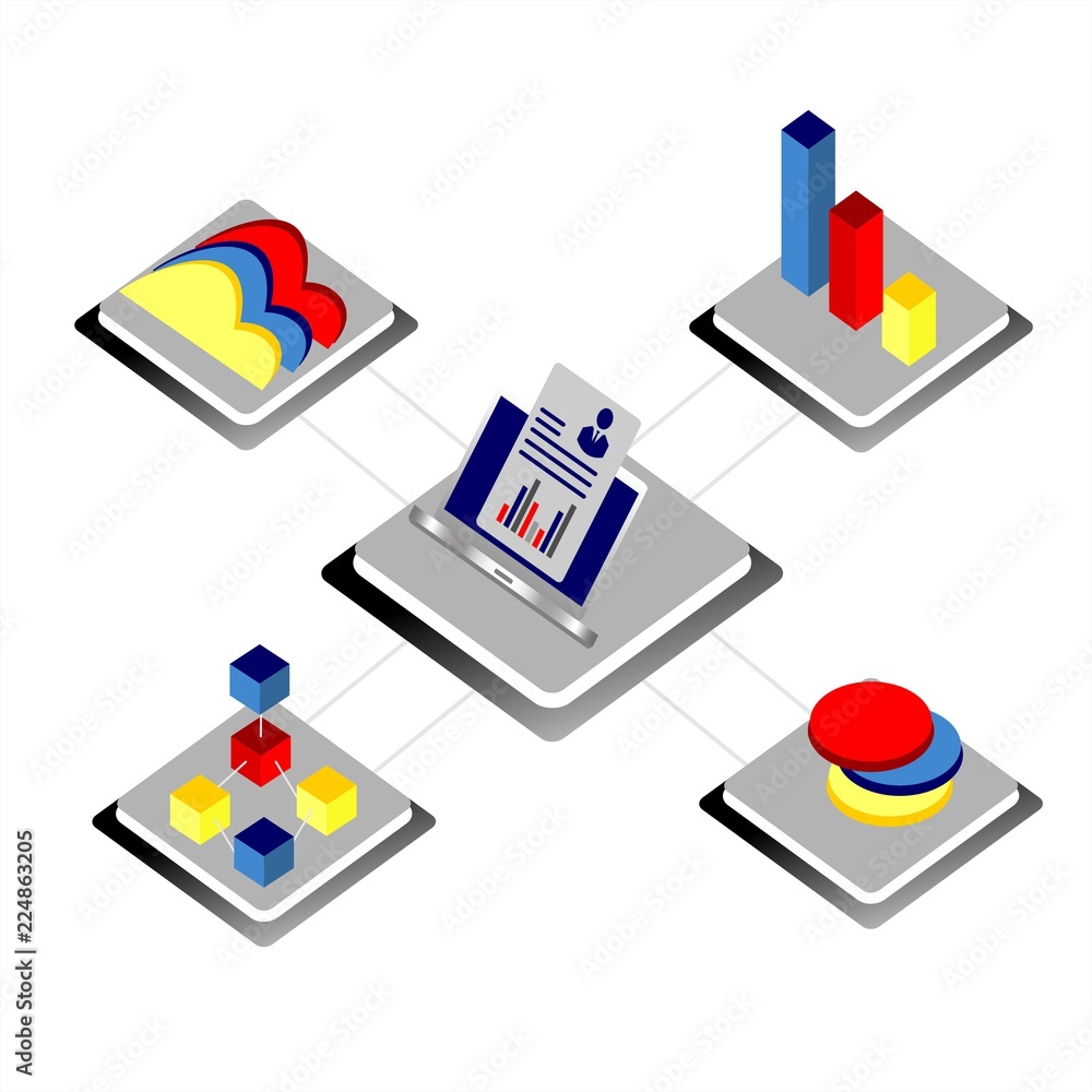 Poster 3d infographic business data analysis. charts and analyzing statistics. isometric vector illustratio