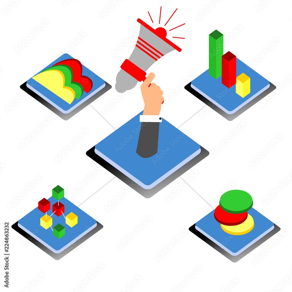 Poster 3d infographic business data analysis. charts and analyzing statistics. isometric vector illustratio