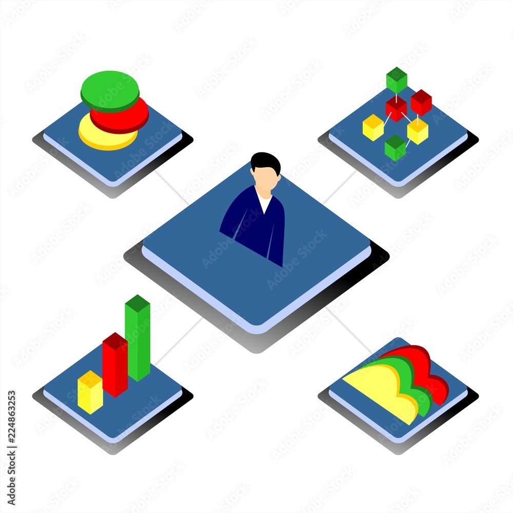 Poster 3d infographic business data analysis. charts and analyzing statistics. isometric vector illustratio