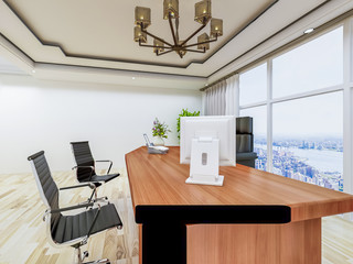 The office of the company's top management, leather sofas, wooden office tables and floor-to-ceiling windows, etc.
