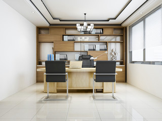Modern company leadership office, leather chairs, wooden tables, bookshelves, etc.