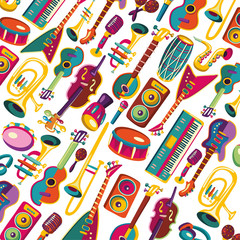 Music festival. Music instruments background. Vector illustration