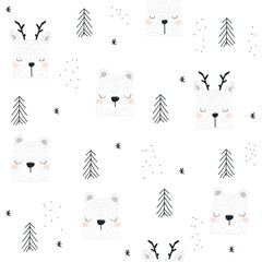 Winter cute seamless pattern with animals and spruce trees. Vector hand drawn illustration.