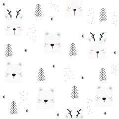 Gordijnen Winter schattig naadloos patroon met dieren en sparren. Vector hand getekende illustratie. © bilaaa