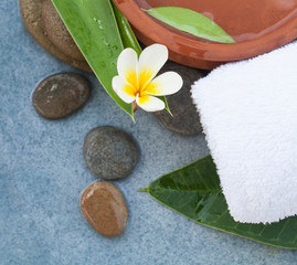 Fototapeta na wymiar Spa flower and stones for healhty relax massage treatment on blue table background.